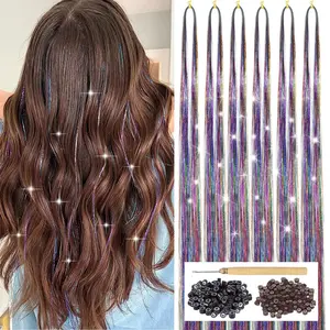 Colorful Hair Tinsel Kit with Tool 6 count 1200 Strands Glitter Tinsel Hair Extensions Heat Resistant Sparkling Shiny Fairy Hair Accessories for Women Girls  47Inch