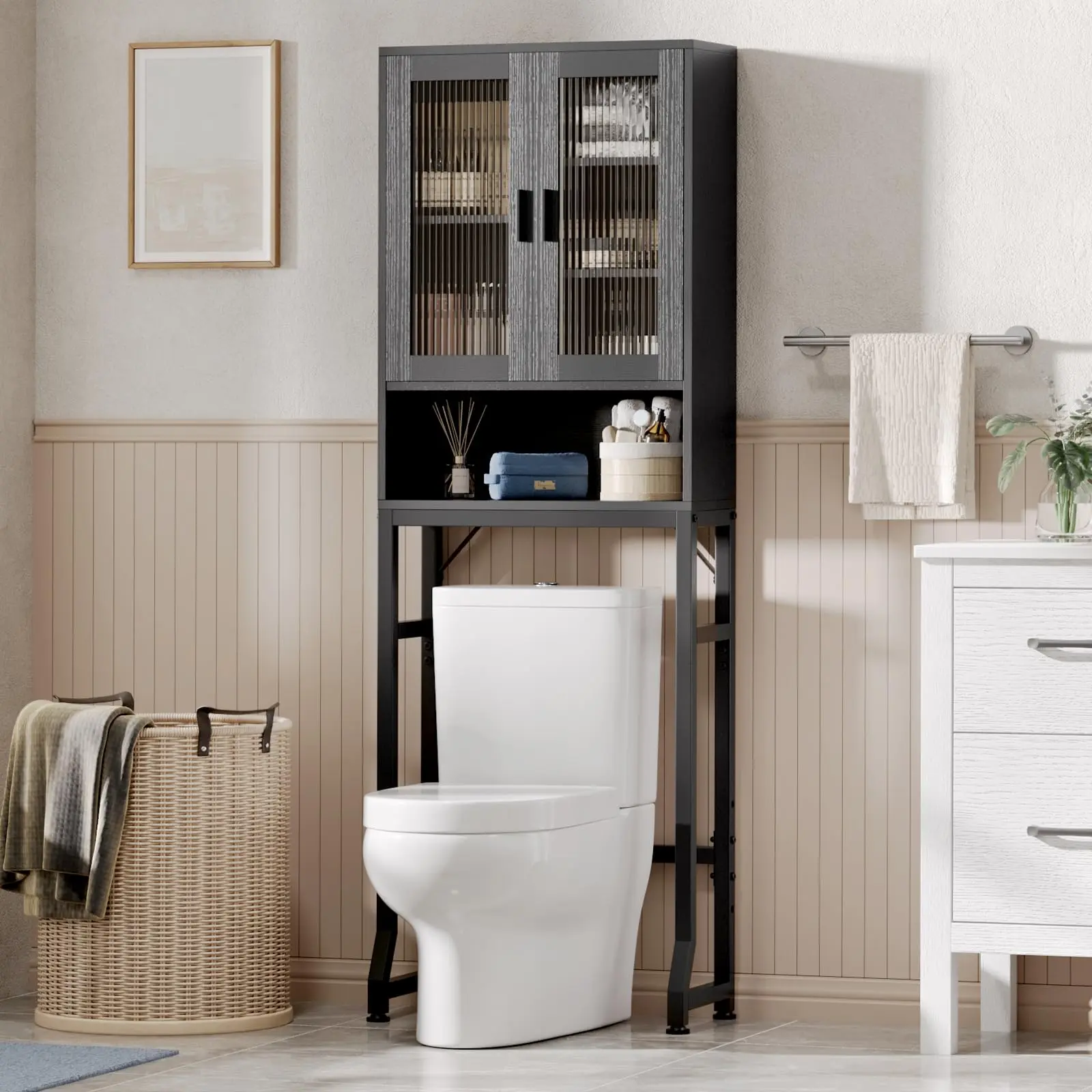 USHOWER Over-the-Toilet Storage Cabinet for Bathroom Black Space-Saving Design with Open Shelf & Upper Cabinet for Towels & Cleaning Supplies
