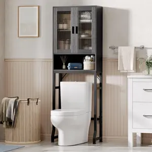 USHOWER Over-the-Toilet Storage Cabinet for Bathroom Black Space-Saving Design with Open Shelf & Upper Cabinet for Towels & Cleaning Supplies