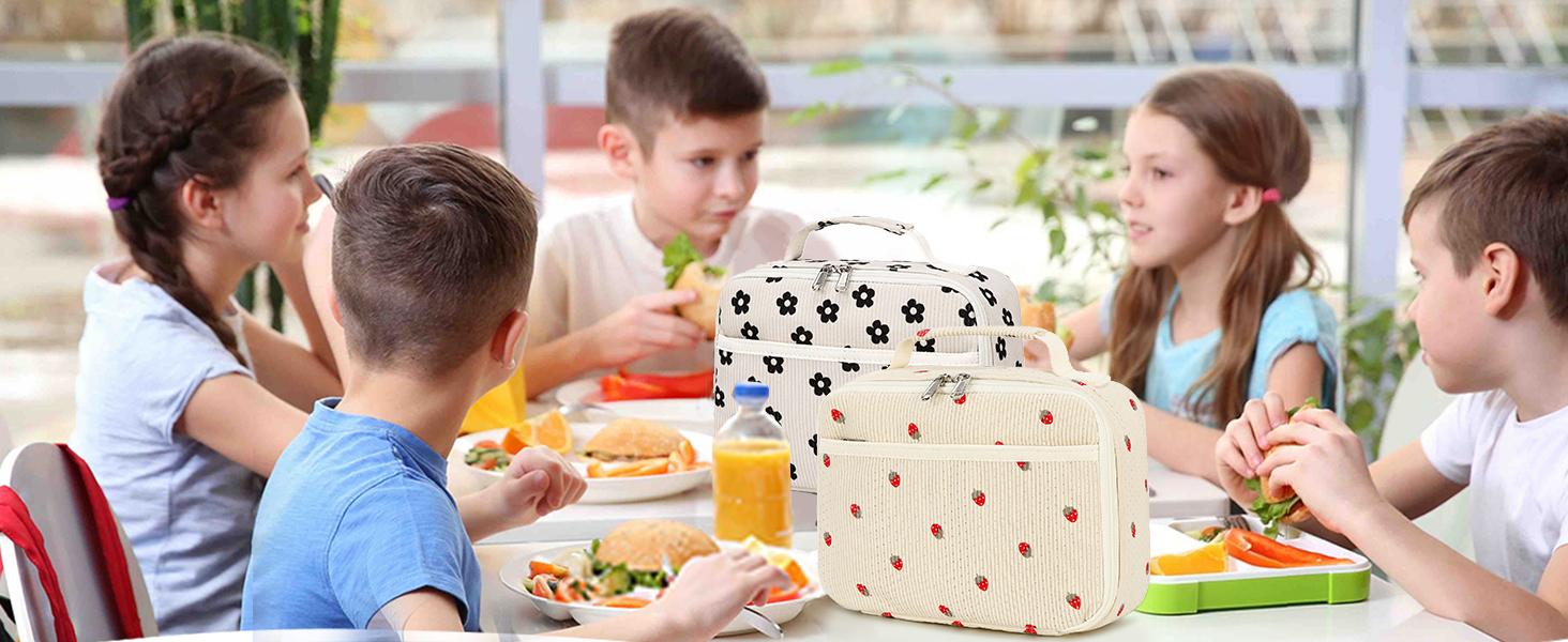 Insulated Lunch Bag for Girls & Boys, Corduroy School Lunch Box with Cooler & Organizer Compartments, Leak-Proof Lunch Tote for School, Travel