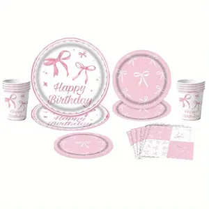 Bow Birthday Decoration Set, Party Plates Cups Napkins, Disposable Plates, Butterfly Party Supplies, Perfect for Birthdays Halloween Christmas