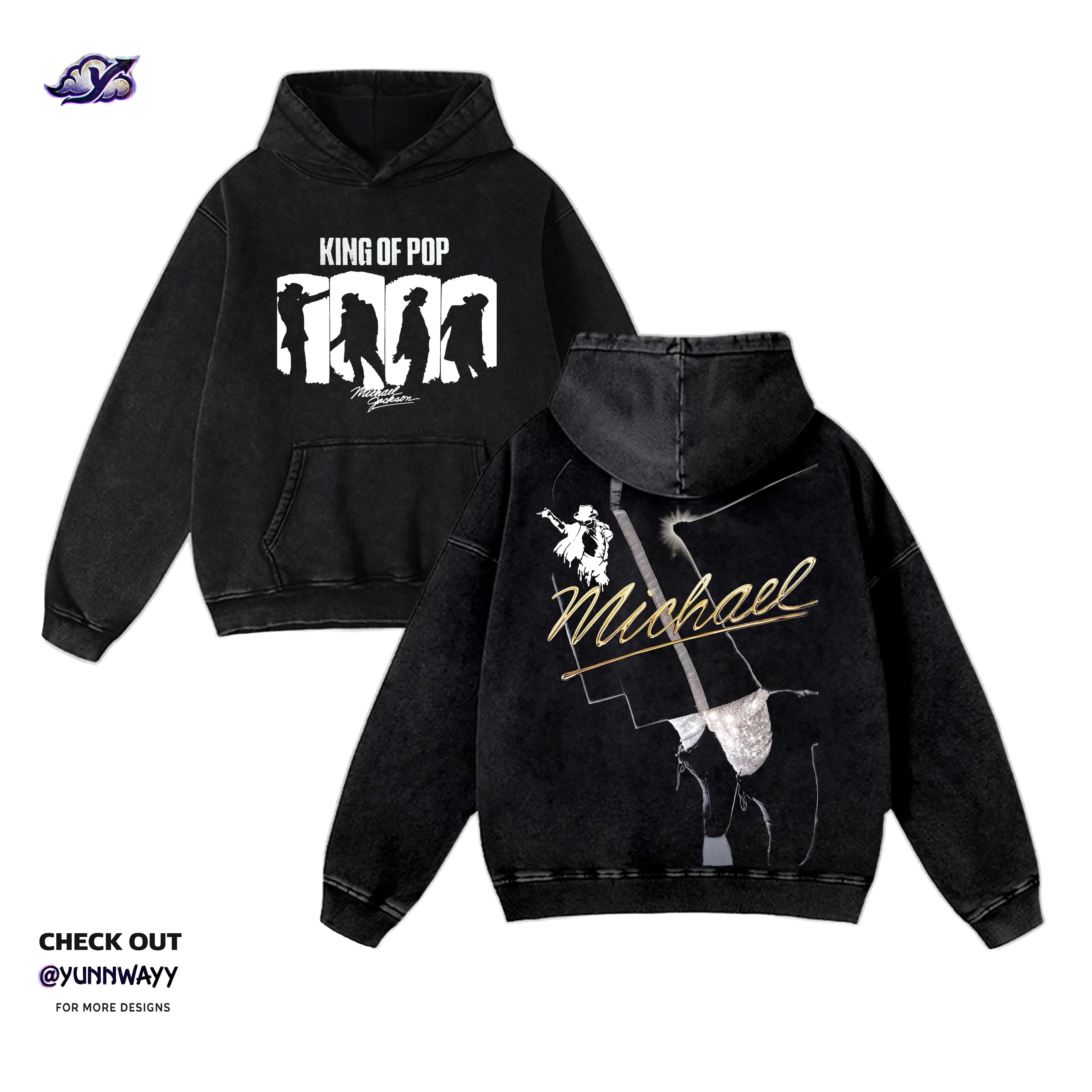 Unisex King of Pop Michael Jackson Washed 350gsm Cotton Hoodie & T-Shirt Set - Double Printed Sparkle Graphic, Vintage Hip-Hop Streetwear, Soft Casual Classic Fabric, Black 90s-Style Pop Culture Gift