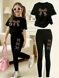 Girls' Leopard Bow Print Set, Casual 2-Piece, Leopard Bow Pattern, Comfortable Elastic Waist Pants, Spring Summer Daily Wear, Ages 4-12