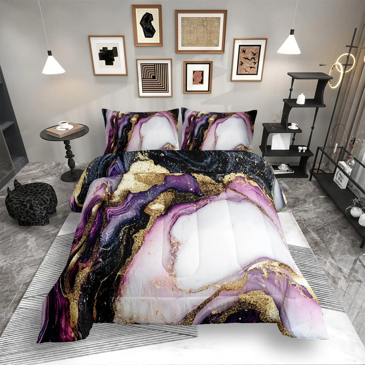 Feelyou Girls Purple Marble Abstract Stone Pattern Breathable Duvet Set - Gold Glitter Comforter, Modern Watercolor Quilt, Microfiber Insert, Decorative Duvet Cover, Machine Washable Bedding