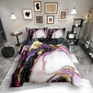 Feelyou Purple Marble Abstract Stone Pattern Bedding Set - Girls Gold Glitter Comforter, Modern Watercolor Quilt, Breathable Microfiber Duvet Insert, Decorative Duvet Cover, Machine Washable Bedroom Bedding Set