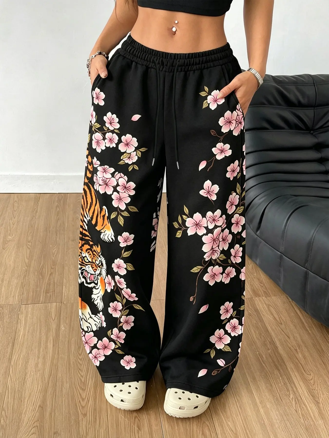 Women's Tiger Cherry Blossom Pattern Drawstring Adjustable Baggy Sweatpants, Fashion Casual Comfortable Daily Wear Long Pants, Spring Summer Women's Clothing