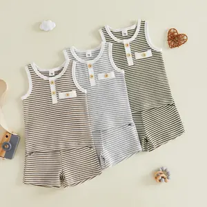 Toddler Baby Boy Clothes 6 12 18 24 Month 2T 3T Summer Outfit Stripe Waffle Knit Sleeveless Vests Shirts Shorts Set