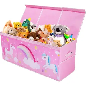 Unicorn Extra Large Toy Box Chest with Flip Lid for Kids, Collapsible Oxford Toy Storage Box with Handles Mesh Pockets, Sturdy Waterproof Toy Box for Bedroom Playroom, 37.7×12.5×15.7 Inch