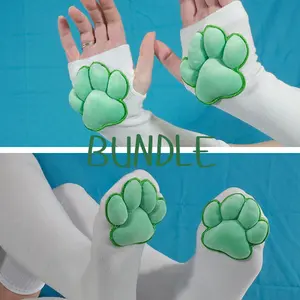 BUNDLE: Green Plush Paw Pads on White Fingerless Gloves and Socks