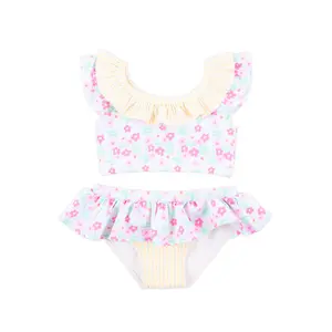 Ditsy Floral Yellow Stripe Swimsuit - Girls 2Pc Swimwear