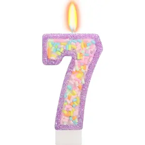 Birthday Candle with Sprinkles Pastel Purple Unicorn Rainbow Cake Topper Sweet Candyland Party Decorations for Girl Boy 7th Birthday