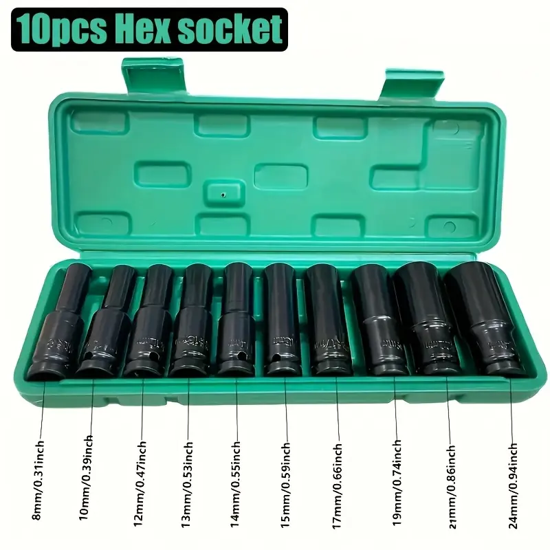10-Piece 1/2-Inch Impact Socket Set, 8-24mm Deep Drive Steel Sockets, Compatible with Impact Wrenches, Perfect for Auto Repair and Heavy Machinery Maintenance