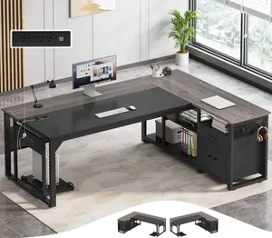 71" Reversible L-Shaped Executive Desk with Power Outlet & File Drawers, Large Computer Gaming Desk with Pegboard & CPU Stand, Modern Home Office Workstation (Gray))