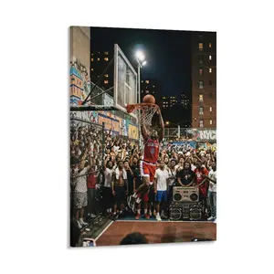 1pc Frameless Canvas Art, Street Basketball Dunk Scene (Harlem Player, Rucker Park Graffiti), Colorful Urban Wall Decor for Home, Game Room, Office