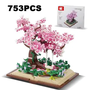Romantic Cherry Blossom Flower Pink Tree Sakura Tree House Stem Building Blocks Model Desktop Decoration Toys Gift For Kid Girl Adult