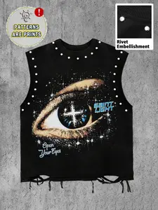 Men's Casual Stylish Loose Fit Sleeveless Vest, Eye Graphic Print, Hem Ripped Design, Round Neck Studs, Comfortable Versatile Daily Wear