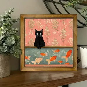 8x8 Inch Wooden Frame Art - Whimsical Cat & Fish Design, Perfect for Bathroom, Kitchen, or Living Room Decor, Ideal Gift for Family and Friends, Festive Wall Hanging Plaque, Festive Home Decor |   Playful Cat Illustration |   Wooden Frame Art, Cat Decor