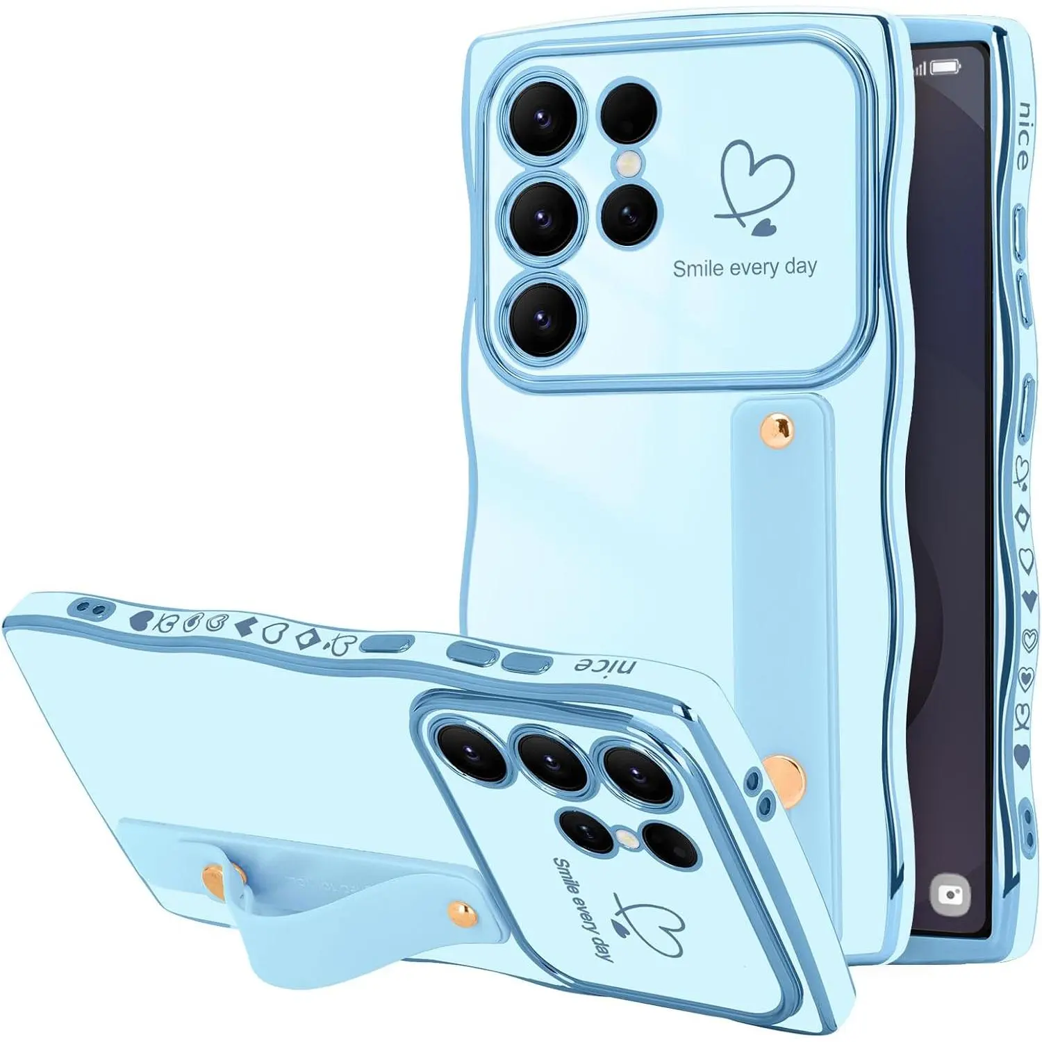 for Samsung Galaxy S25 Ultra Case for Women Girls Strap Cute Love Heart Plating Luxury Wave Frame Cover, Raised Camera Protection Shockproof Phone Case for Galaxy S25 Ultra 5G