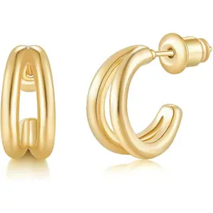 MINDDHA 14K Gold/White Gold Plated Earrings | 925 Sterling Silver Post | Double Hoop Earrings for Women| Dainty Huggie Hoops| Split Hoop Earrings| Double Huggie| 15mm Diameter