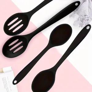 4pcs 10.6 x 2.4 inch Silicone Cooking Spoon Black Colander Heat-resistant Large Silicone Batter Slotted Spoon, Spoon Non-stick Cooking Utensils, Kitchen Silicone Mixing Spoon Set, Serving, Kitchen Gadgets Nonstick Nylon Pan