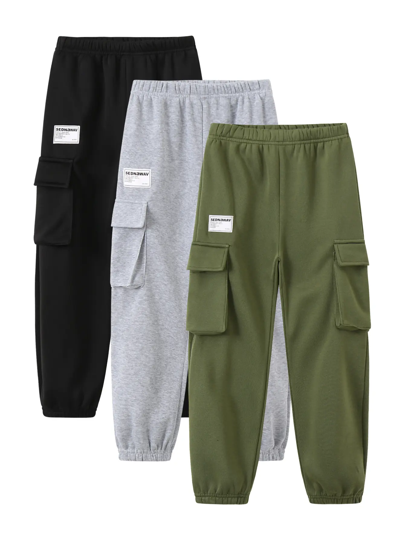 3-piece set of boys' Autumn and winter knitted work jogger pants with multiple pockets patch labels elastic waist casual sports pants loose fit for wearing outside Kids' clothes