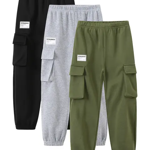 #falloutfits  Boys' 3-Piece Autumn/Winter Long Length Work Jogger Pants Set, Elastic Waist, Loose Fit, Multiple Pockets, Patch Labels, Casual Sports Bottoms for 3-14Y Kids Clothing Boys Joggers Pant