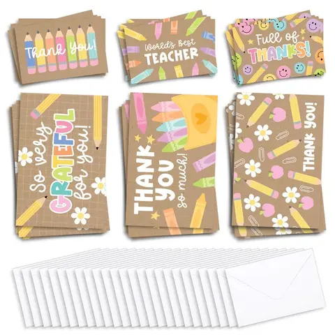 Hadley Designs Bulk Set Teacher Thank You Greeting Cards Assortment with Envelopes, 24-Pack 4x6 Office Stationery - Colorful Floral Illustrated Thick Paper Cardstock for Student End-of-Year Gifts