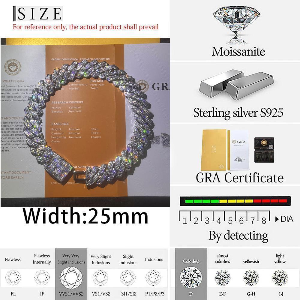 Thick 20-25mm Silver Three Rows Prong Setting Cuban Link Iced Out Hip Hop White Moissanite Chain Jewelry Women Men Gifts