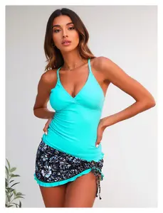 Tankini Swimsuit for Women Turquoise V-Neck - Floral Swim Skirt Set with Ruffle Hem - Tummy Control Two Piece Bathing Suit for Swimming, Beach, Vacation