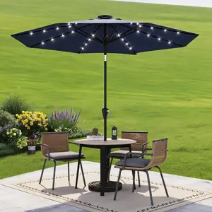 9FT Solar Patio Umbrella with 32 LED Lights – Waterproof, UV Protection, Crank Lift, Push Button Tilt, 8 Ribs – Outdoor Market Table for Patio, Garden, Pool, Deck –  navy blue