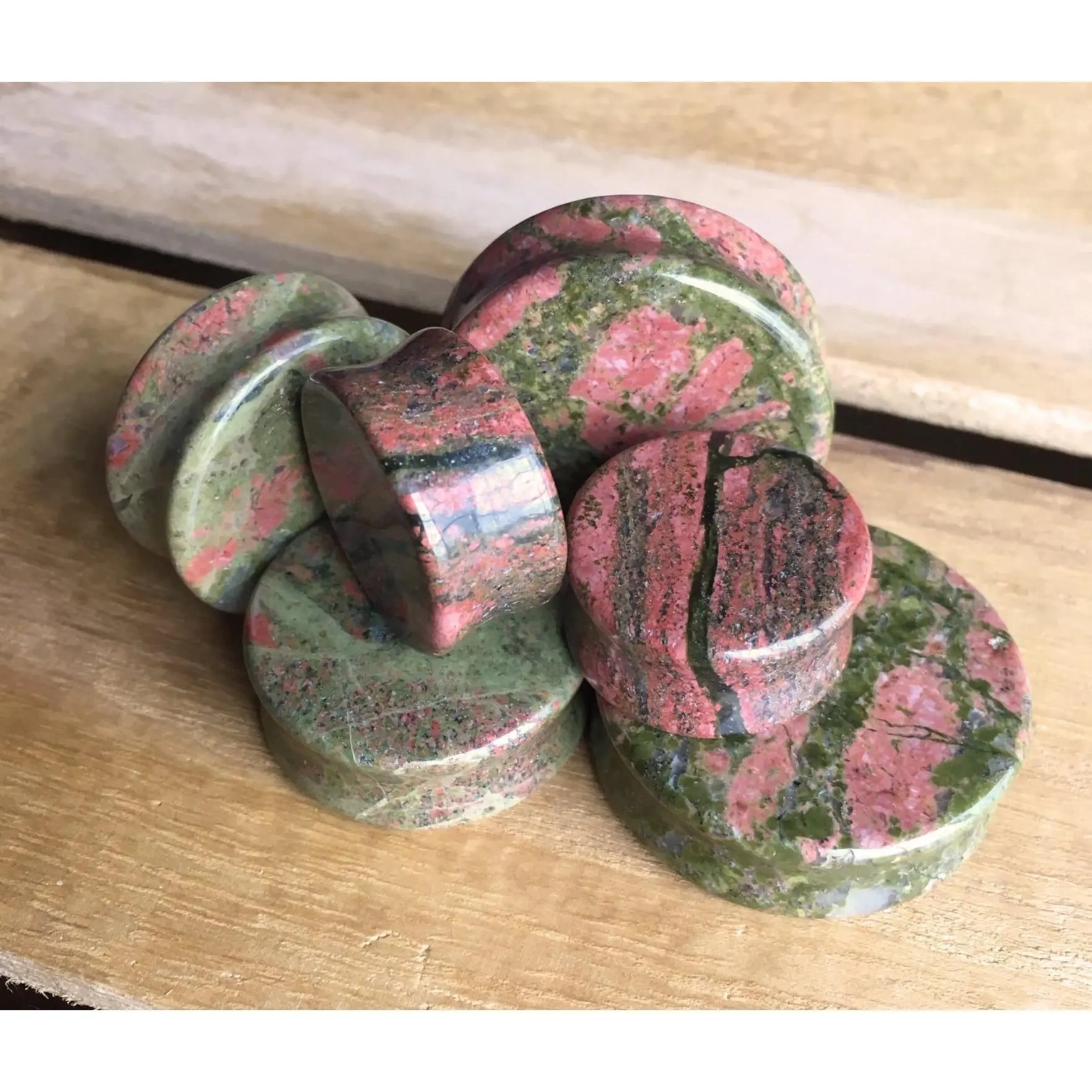 PAIR of Unakite Organic Stone Plugs - Gauges 8g (3mm) up to 1" (38mm)