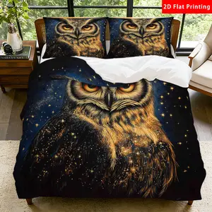 2/3 Pcs 2D Flat Starry Night Owl Duvet Cover Set，Owl Themed Bedding Set Quilt Cover 1 Duvet Cover + 1/2 Pillowcases，Starry Sky Top Sheet Decorative Bedding Bedroom Decor