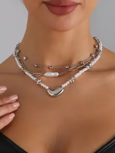 Women's Punk Style Heart Pendant Necklace, Punk Layered Necklace, Adjustable Alloy Chain, Elegant Faux Pearl Design, Ideal Gift for All Seasons