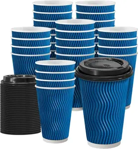 100 Pack Coffee Cups with Lids 16 oz, Disposable Insulated Ripple Wall To Go Paper Coffee Cups for Hot/Cold Drinks Office Home Shop Event (Navy)