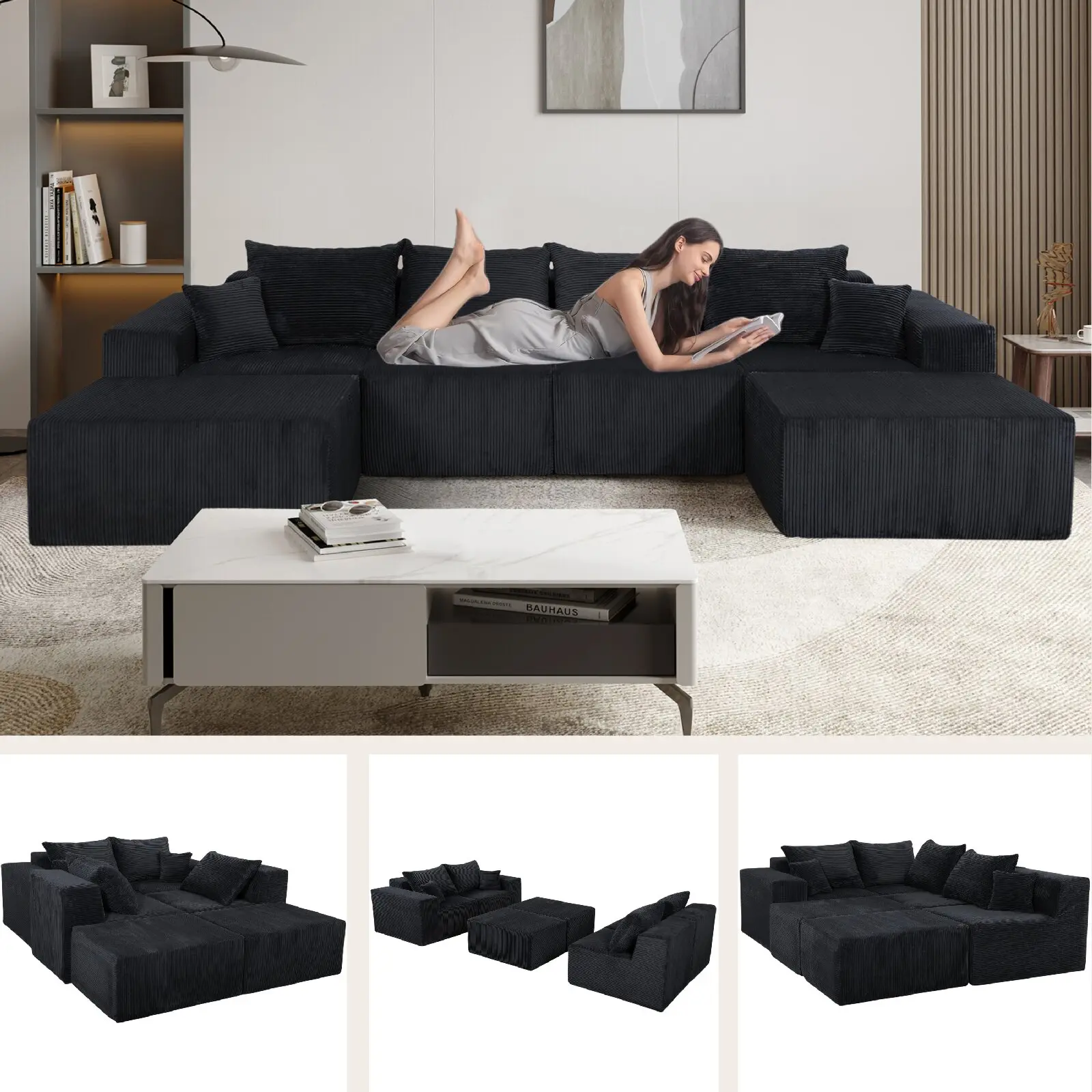 6 Piece Modular U Shaped Sectional Sofa in Gray, Convertible Oversized Couch with Chaise Lounge, No Assembly Needed, Soft Corduroy Upholstery, Modern Family Living Room Furniture