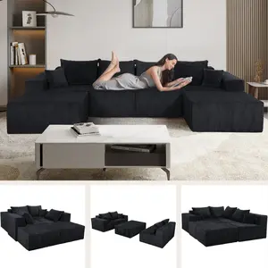 6 Piece Modular U Shaped Sectional Sofa in Gray, Convertible Oversized Couch with Chaise Lounge, No Assembly Needed, Soft Corduroy Upholstery, Modern Family Living Room Furniture