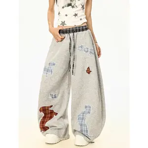 Women's American Street Style Plaid Dog Patchwork Loose Wide-Leg Sports Joggers - Summer Fashion Floor-Length Casual Trousers, Y2K Harajuku Vintage Baggy Streetwear Bottoms, 4th of July Aesthetic Outfit with Matching Fabric for Crop Tops