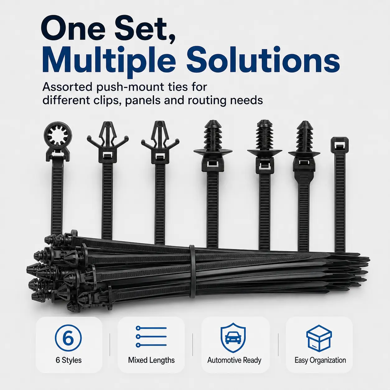 110PCS Automotive Push Mount Cable Zip Tie Kit – Assorted Black Nylon Push Clip Wire Ties, Self-Locking Cable Fasteners for Car Wiring, Engine Bay, Bumper, Interior, RV, Motorcycle & Universal Cable Management