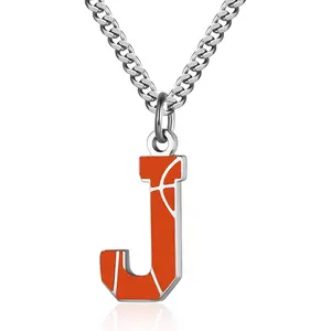 Basketball Letter Necklace - Men's Basketball Charm Pendant, Stainless Steel Silver Chain, 22 inch Personalized Gift
