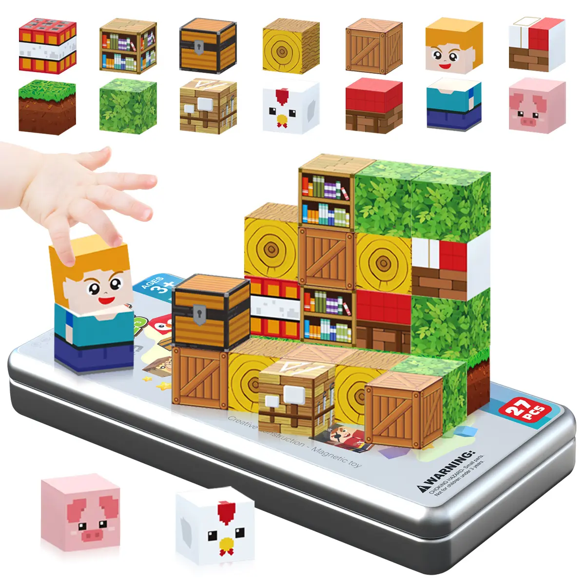 27-Piece Magnetic Travel Toy Set, Magnetized Construction Set, Farm Animal Tiles, Magnetic Tiles Stacking, with Portable Iron Storage Box & Game Base, Magnetic Building Cube Game, Stem Magnetic Blocks, Constructions Toys for Boys & Girls, Ideal Gifts