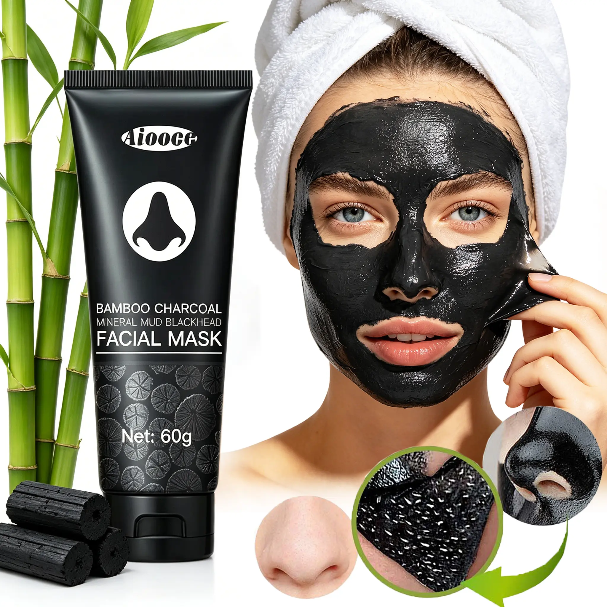 Bamboo Charcoal Pore Detox Mask for Deep Cleansing and Blackhead Removal, Natural Exfoliating Tear Off Face Masks with Soothing Witch Hazel for T-Zone Care, Unisex 60g