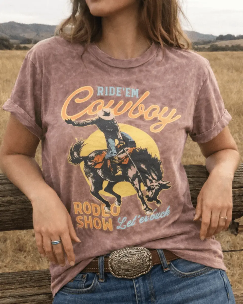 Bronco Western Supply Co. Women's Short-Sleeve Graphic Cowboy Rodeo Show Boyfriend Tee - Smooth, Soft, Drapey Mocha Mineral Wash Top