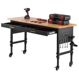 VEVOR 48-inch Workbench, 1500 lbs Load Capacity, Garage Workbench with Drawer Storage Wheels, Workshop Bench on Wheels, Heavy Duty Oak Wood Top Work Table for Garage, Workshop, Office, and HomeVEVOR Super Brand Day