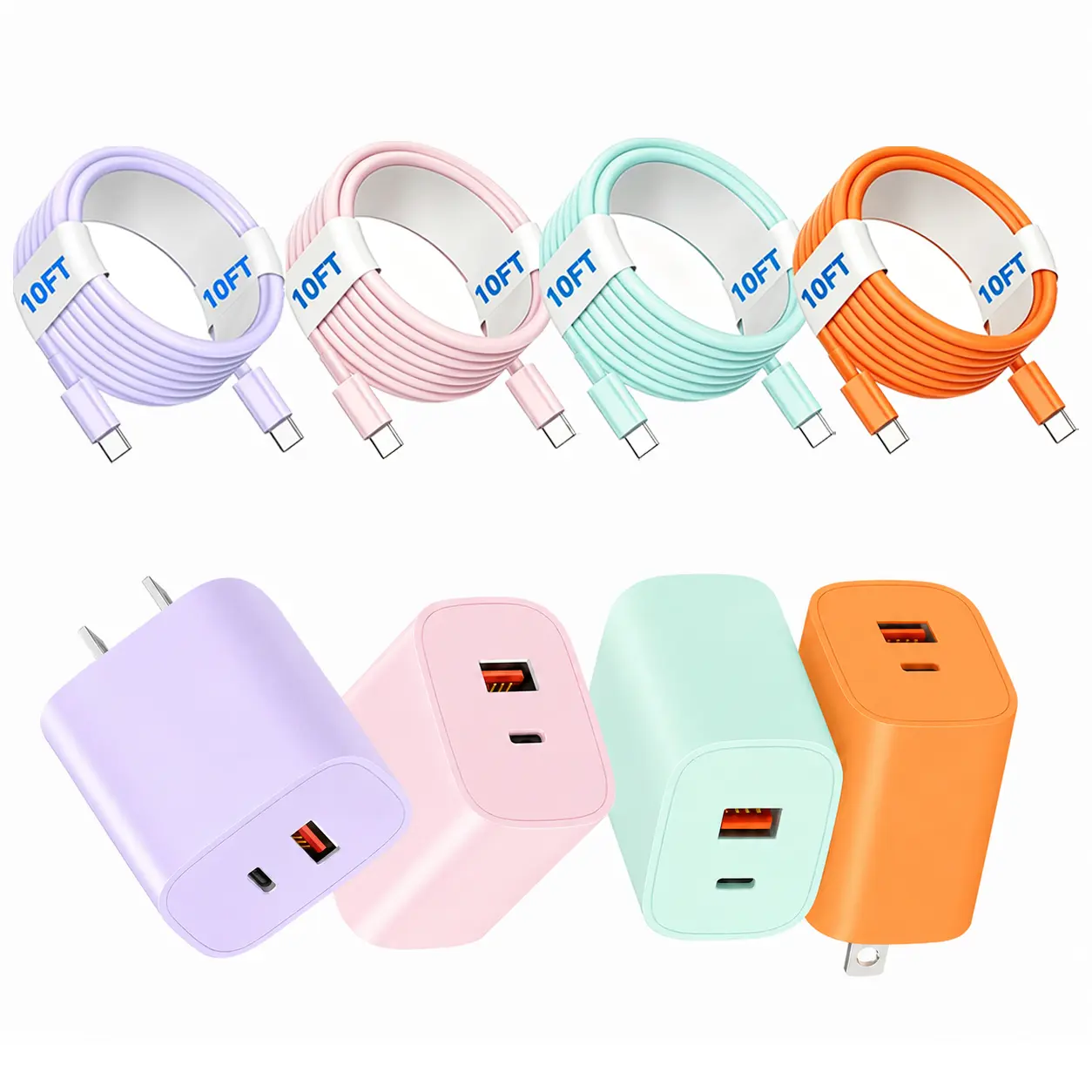Multi-Port Power Adapter with 10ft Extra-Long Data Cable - PD 20W USB-C, QC 3.0 USB-A Ports, Fast-Charging - Compatible with iPhone 17 Pro Max/17 Pro/17/16 Pro Max/16 Plus/15 Series, Samsung S26+/S25/S24+/S22/S22+