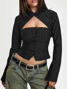 Women's Striped Print Cut Out Shirt, Button Up Shirt, Casual Blouse Shirts, Casual Long Sleeve Collared Top for Spring & Fall, Ladies Clothes for Daily Wear