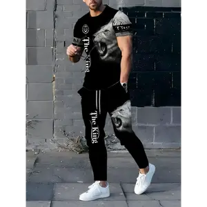 Men'S 3D Lion Print Sports Set - All Year Round Polyester Exercise Equipment, With Boat Neck T-shirt And Matching Pants, Regular Style, Slightly Stretchy Knit Fabric, Animal Pattern Sportswear