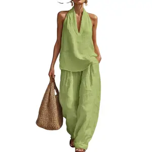 Boho Linen Two Piece Set - Perfect for Beach, Vacation & Brunch! Halter Neck Sleeveless Top Wide Leg Pants Set # TwoPieceSet # LinenSet # WideLegPants # HalterNeck # SummerOutfit # BohoFashion # CasualWear # Outfit of the Day # WomensFashion