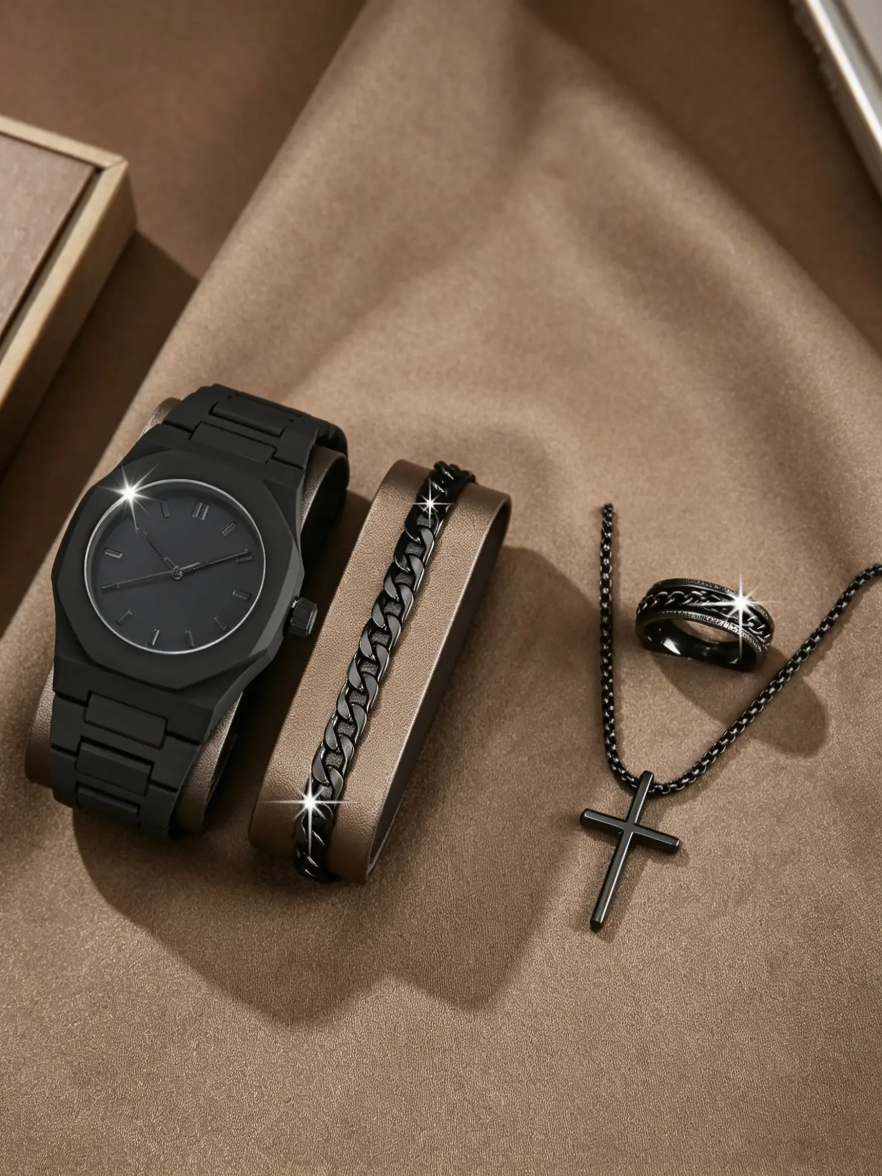 Men's Fashion Watch Jewelry Set 4pcs, Includes Necklace Bracelet Ring, Perfect for Daily Parties Birthdays, Fashion Party Watch, Gift for Him, Modern Fashionable Wristwatch, Casual Quartz Watch