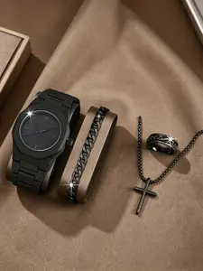 Men's Fashion Watch Set 4pcs, Includes Necklace Bracelet Ring, Perfect for Daily Parties Birthdays, Gift for Him