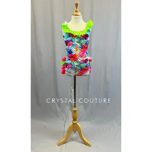 Tropical Floral Leotard with Neon Pink, Orange and Green Ruffles
